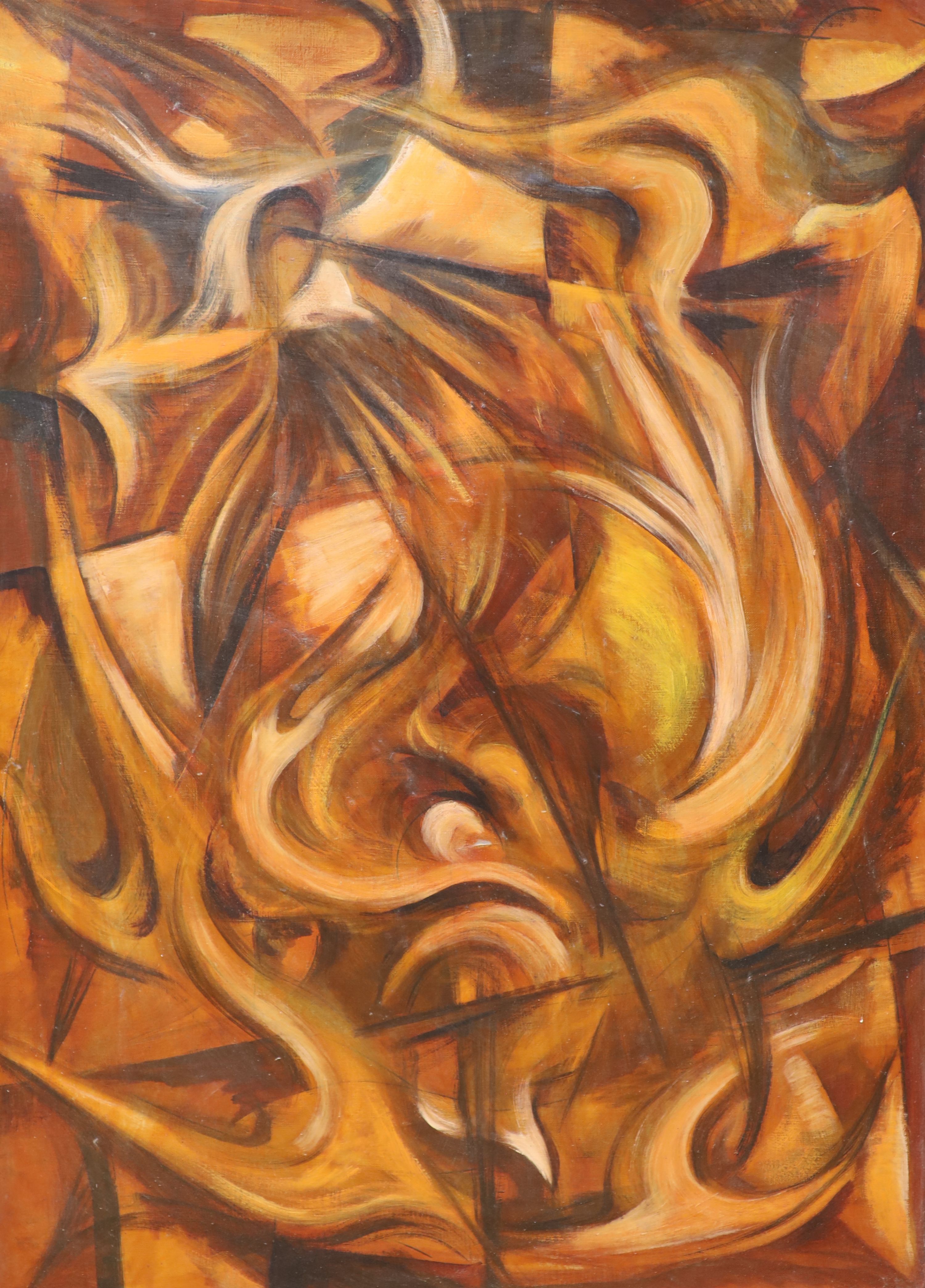 20th century continental school, an abstract composition in tones of red and amber, oil on canvas, unsigned 65 x 96cm.